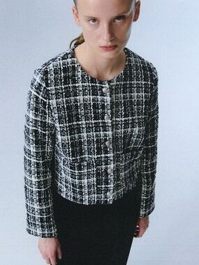 H&M Bouclé Cropped Jacket Black White Tweed Button Front Chic Size XS